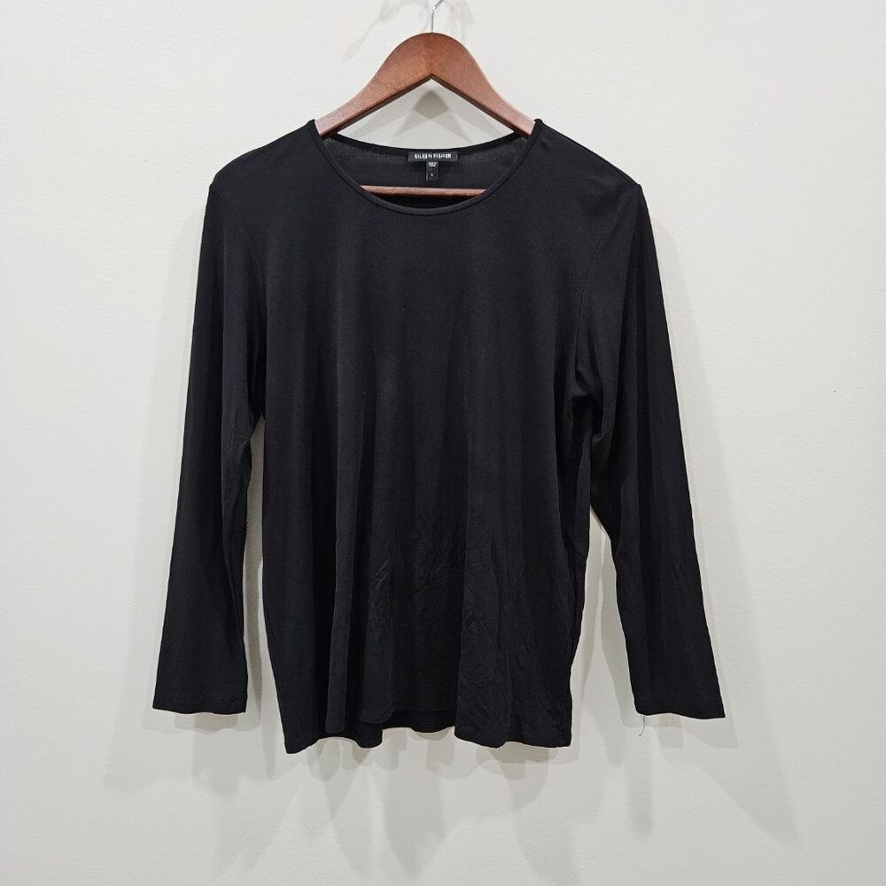 Eileen Fisher 100% Silk Black Long Sleeve Scoop Neck Top Womens Large Old Money